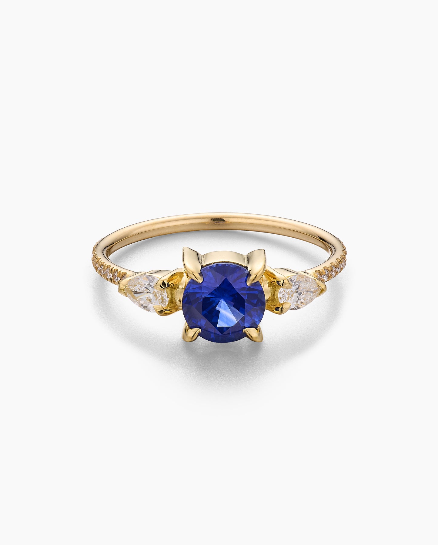 Sapphire Ring with Pear Side Stones and Pavé