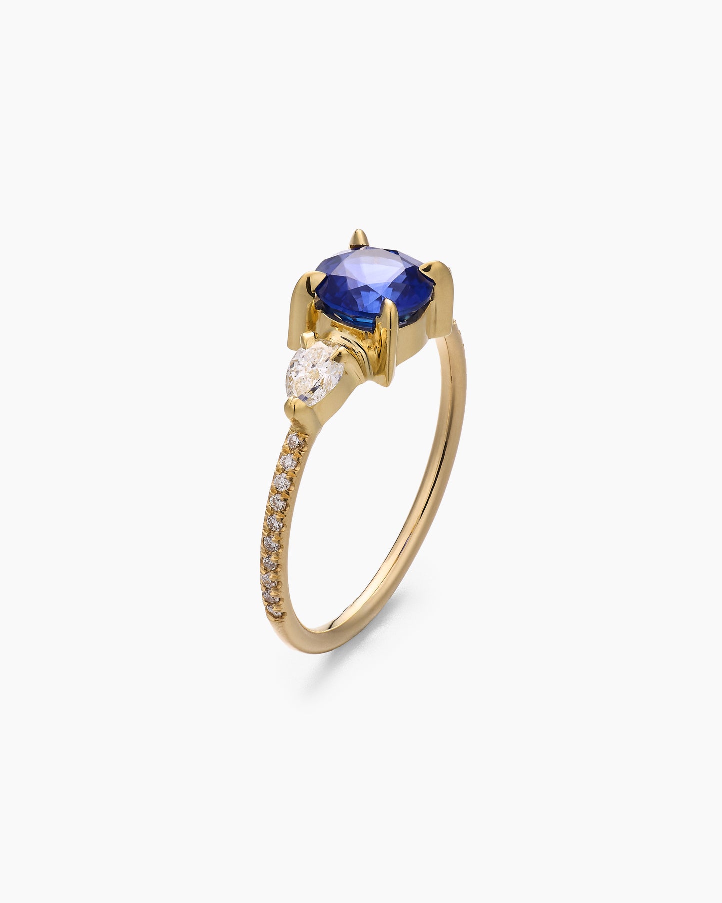 Sapphire Ring with Pear Side Stones and Pavé