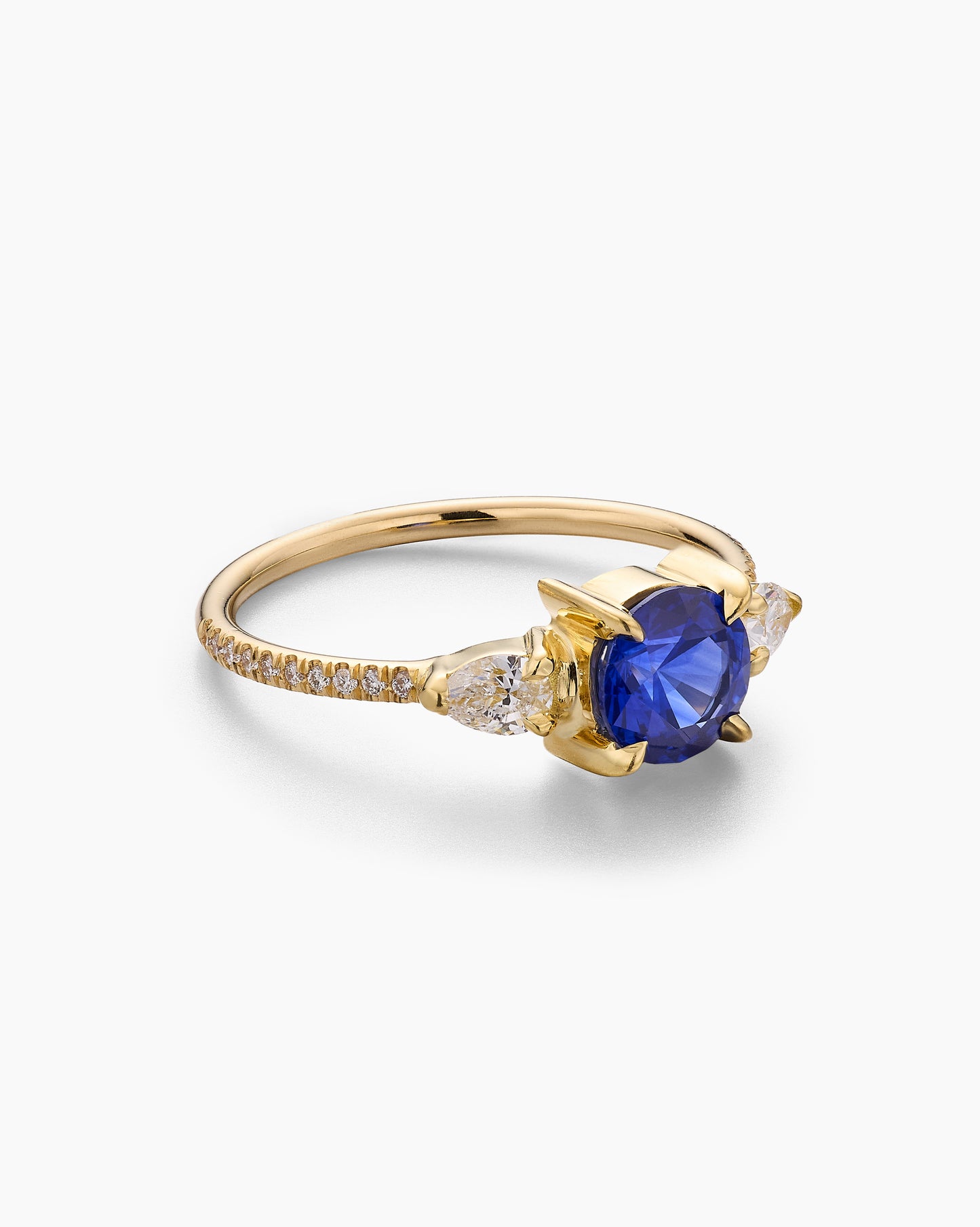 Sapphire Ring with Pear Side Stones and Pavé