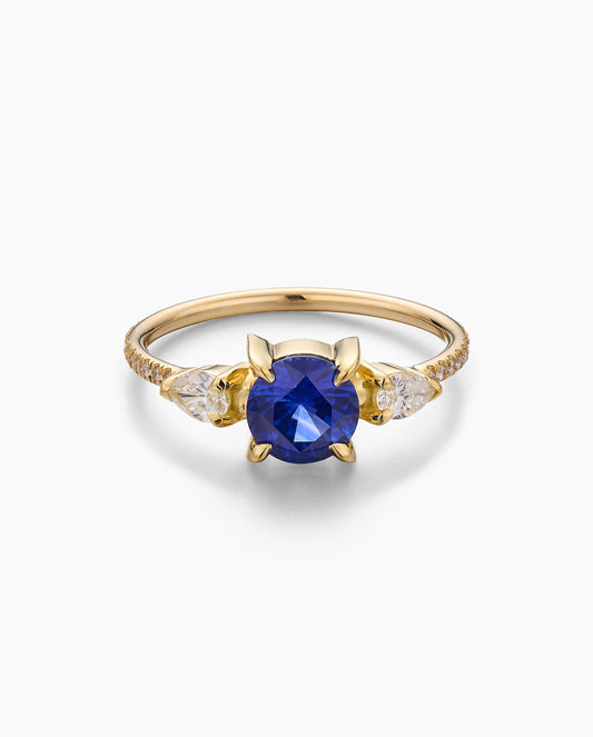 Sapphire Ring with Pear Side Stones and Pavé